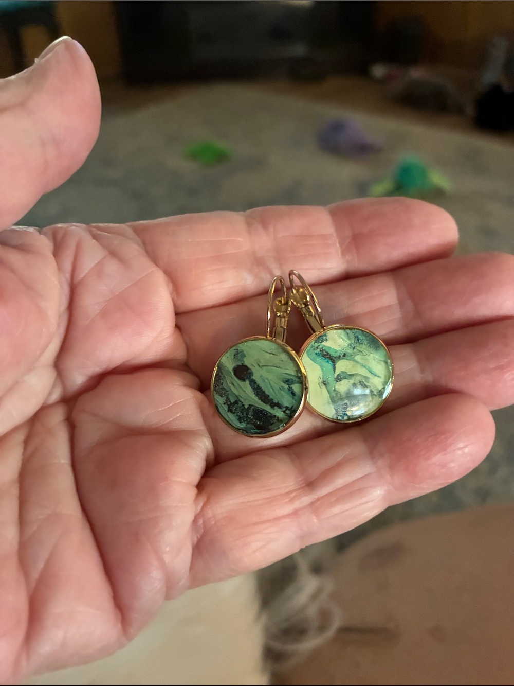 Gold-Tone Drop Earrings with Green Marbled Inlay